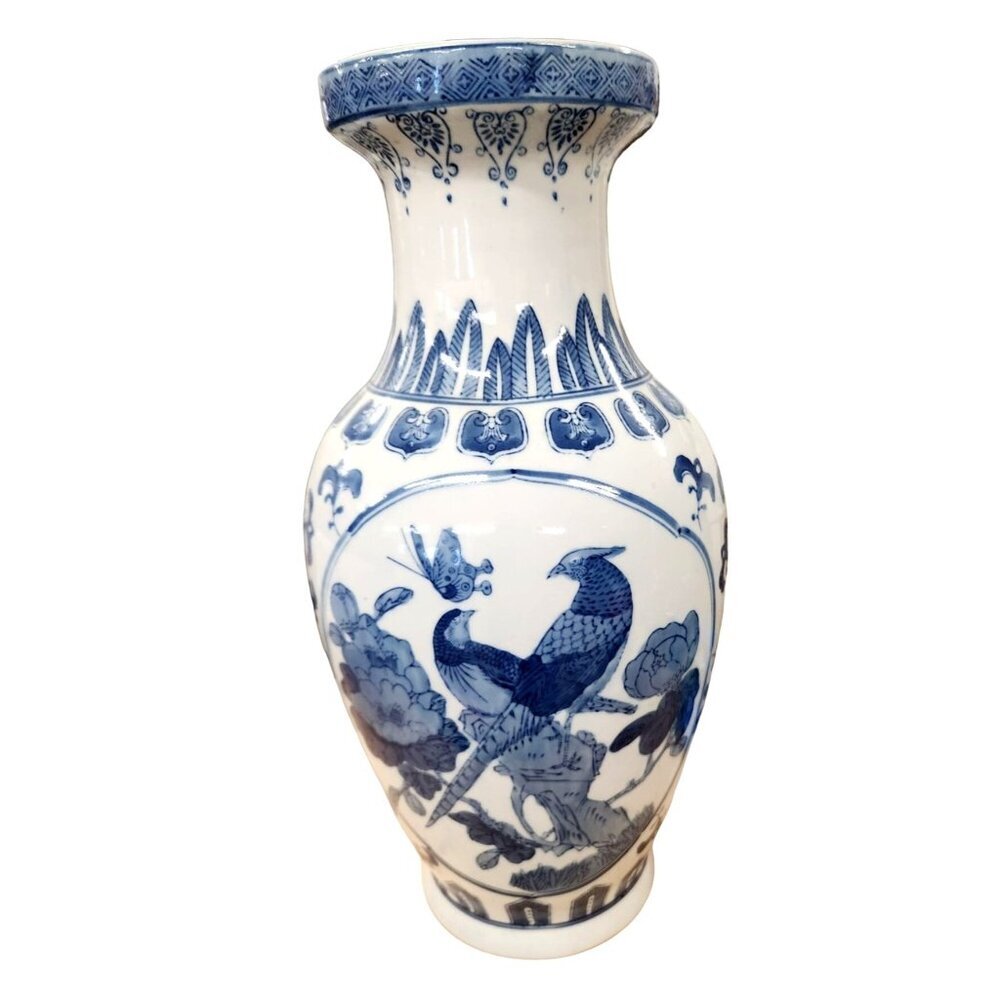 Asian Decor Chinoiserie Tall Floor Vase and Oriental Pheasant Motifs